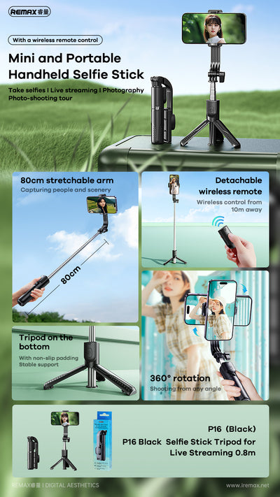 Treppiede Selfie Stick per Live Streaming 0.8m P16 - Nero